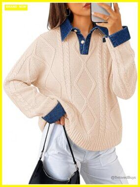 Womens Cable Knit Sweater Denim Polo Pullover Oversized V-Neck Long Sleeve